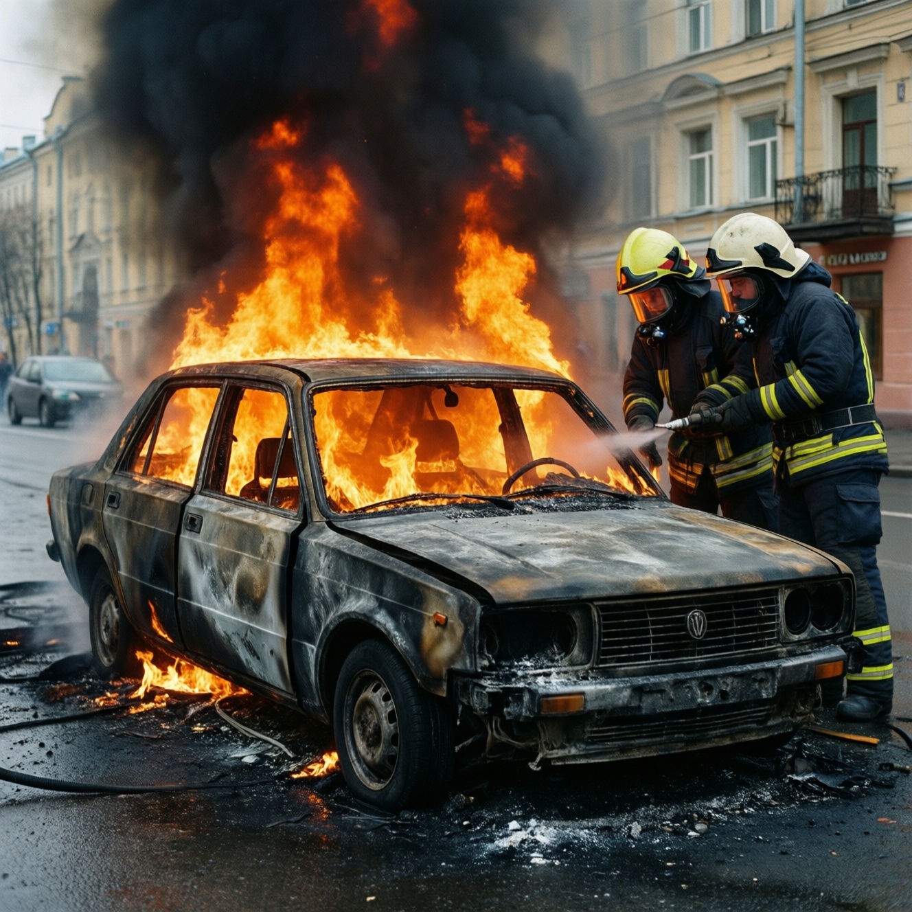 В Невеле на улице Ленина полностью сгорел автомобиль ВАЗ осенью 2025 года В Невеле на улице Ленина полностью сгорел автомобиль ВАЗ осенью 2025 года